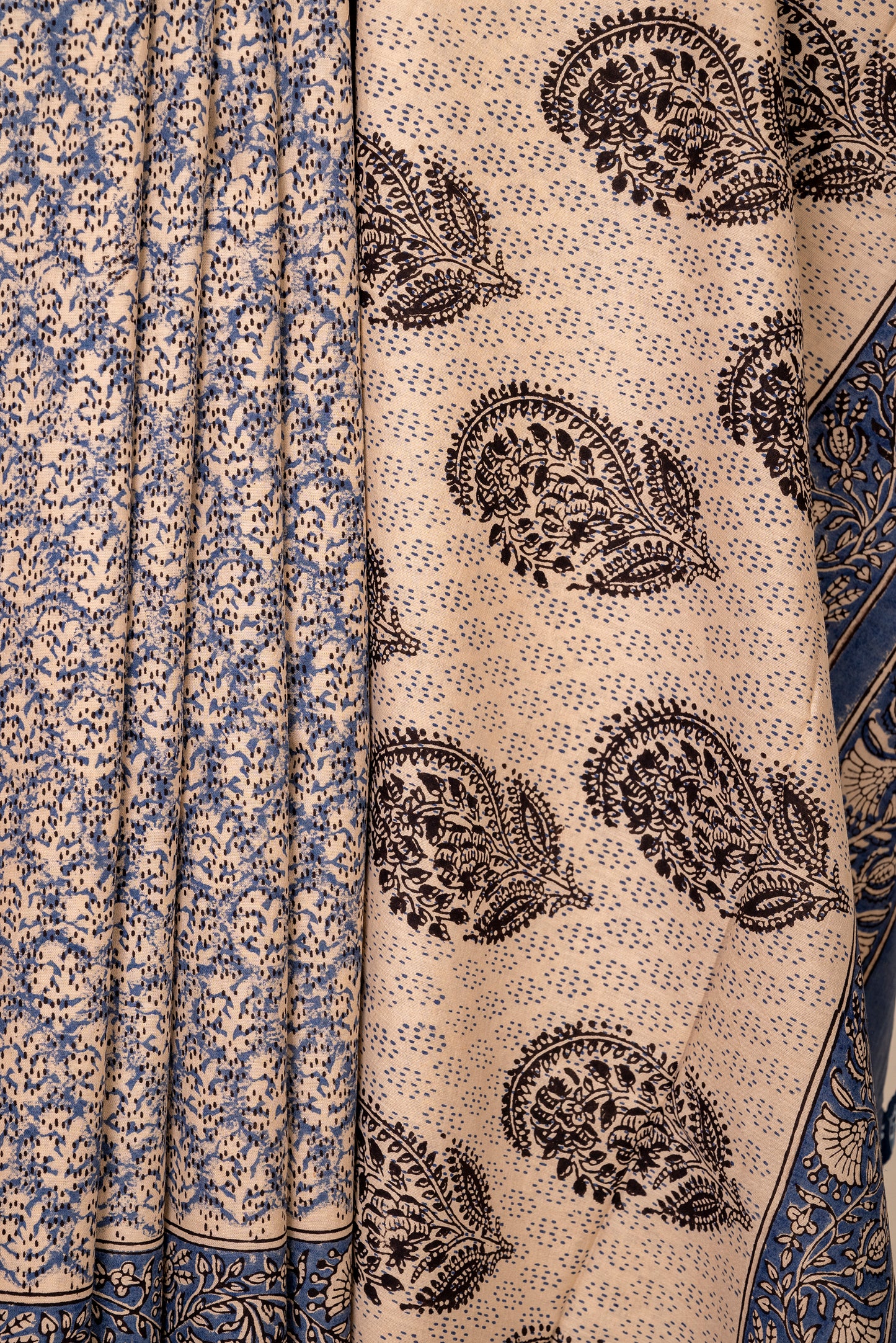 INDIGO-OFF WHITE BLOCK PRINT COTTON SARI