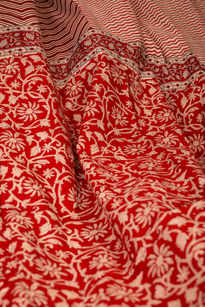 RED-OFF WHITE ZIG-ZAG BLOCK PRINT COTTON SARI