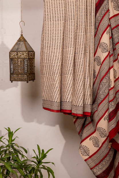 OFFWHITE RED BLOCK PRINT COTTON SARI