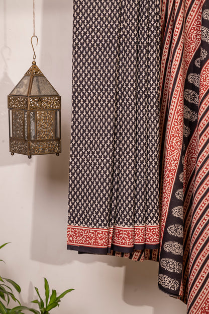 BLACK-RED WHITE FLOWER BLOCK PRINT SARI