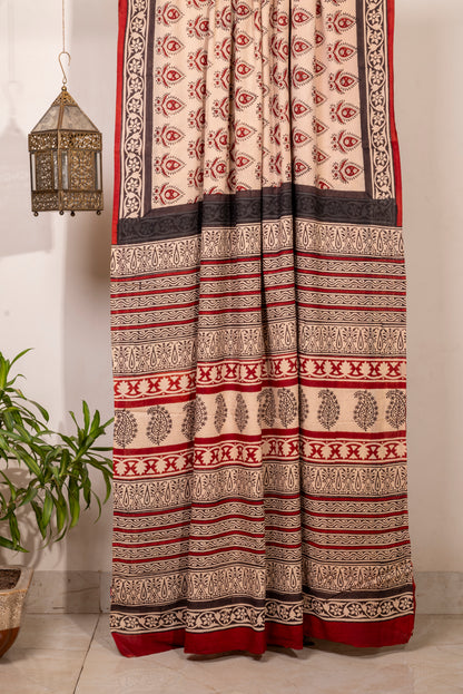 BEIGE-RED MOTIF BLOCK PRINT COTTON SARI