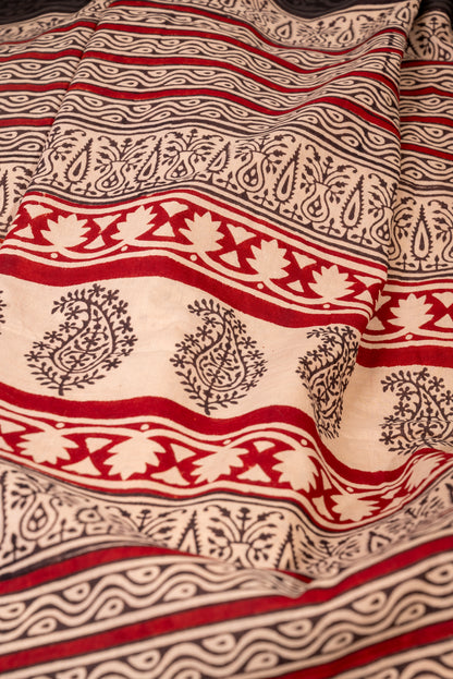 BEIGE-RED MOTIF BLOCK PRINT COTTON SARI