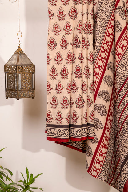 BEIGE-RED MOTIF BLOCK PRINT COTTON SARI