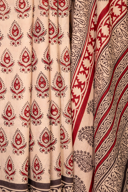 BEIGE-RED MOTIF BLOCK PRINT COTTON SARI