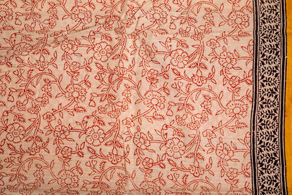 BEIGE-RED PAISLEY BLOCK PRINT COTTON SARI