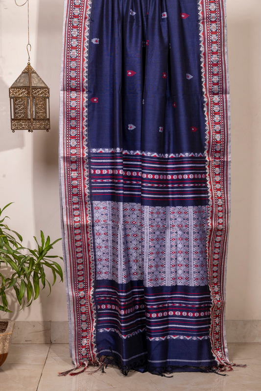 NAVY BLUE ASSAM WEAVED COTTON SARI