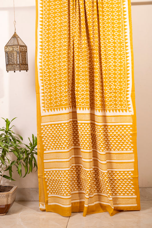 YELLOW WHITE BLOCK PRINT MULMUL SARI