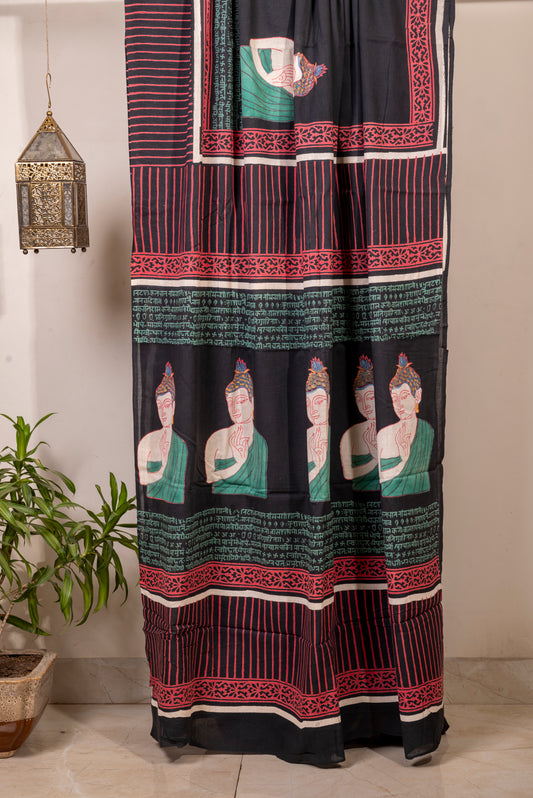 PURPLE GREEN 'BUDHHA' BLOCK PRINT COTTON SARI