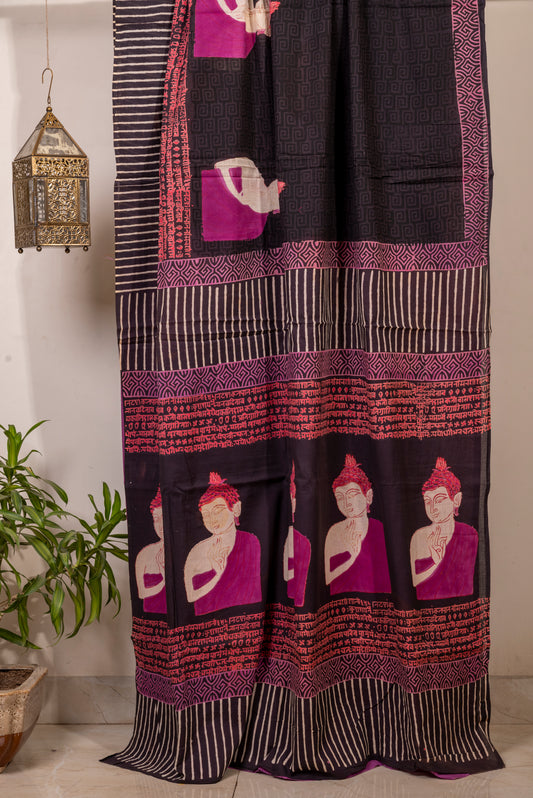 PURPLE BLACK 'BUDHHA' BLOCK PRINT COTTON SARI