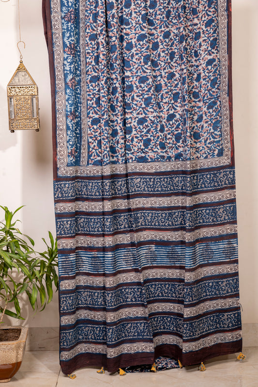 INDIGO BLOCK PRINT COTTON SARI