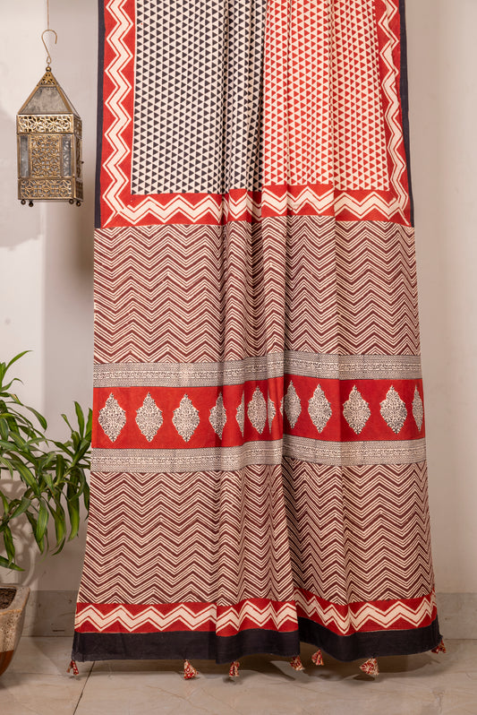 HALF N HALF OFF-WHITE RED BLOCK PRINT COTTON SARI