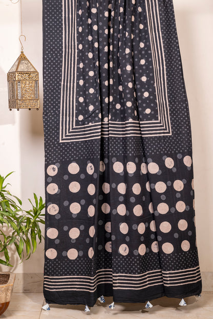 DARK BLUE CIRCLES BLOCK PRINT COTTON SARI