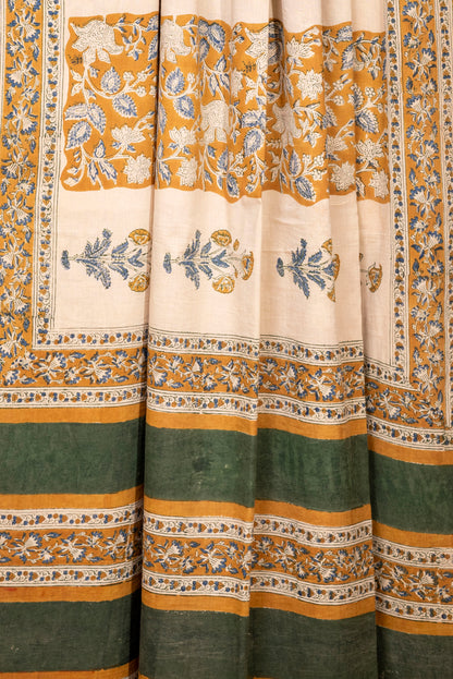 YELLOW GREEN FLORAL BLOCK PRINT COTTON SARI