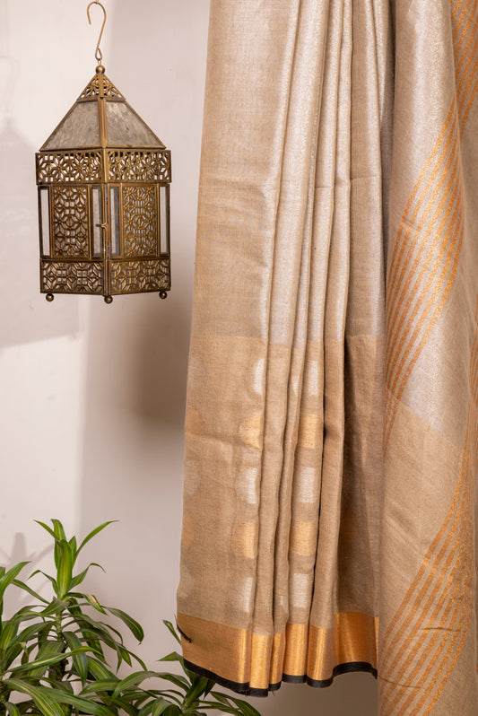 BEIGE GOLDEN TISSUE LINEN SARI